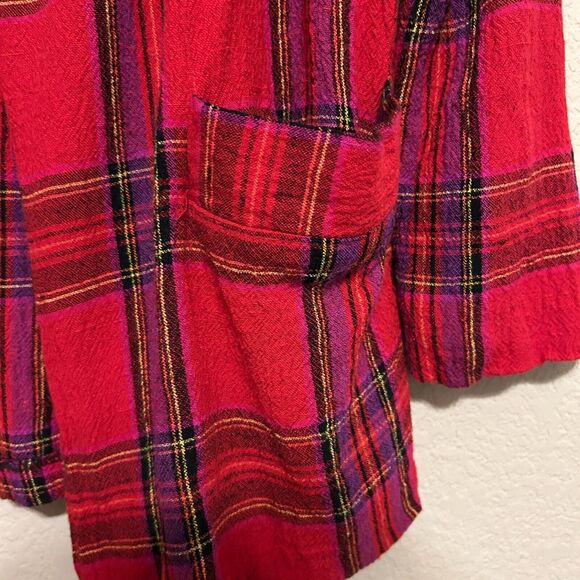 VTG Savvey Blazer Womens Medium Open Front Pockets  Red Plaid Rayon USA Academia - Picture 5 of 7